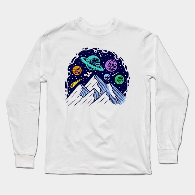 Mountain universe illustration Long Sleeve T-Shirt by Mako Design 